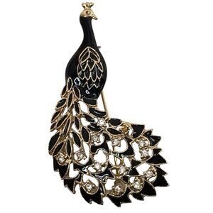 Peacock Brooch Pin Black Enamel & Gold Tone Rhinestones Elegant